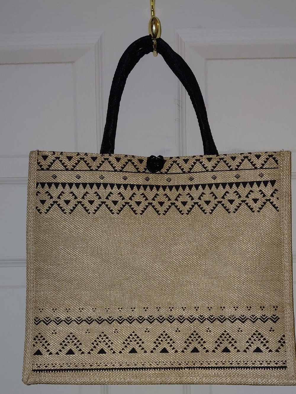 NWOT Burlap Cloth Handbag, Lunchbag, Shopper Tote, Black & Tan, Large Capacity